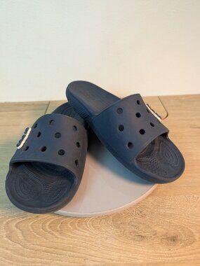 Crocs Slides Sandals Iconic Comfort Slip On Casual Navy Blue M Sz 8 W Sz 10